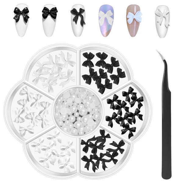 CGBE Nail Bow Charms, Butterfly Bow Pearl Nail Charms 3D Black White Nail Charms for Acrylic Resin Nails for Nail Art Decoration Makeup Resin Mold DIY