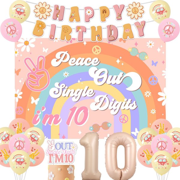 Peace Out Single Digits Party Decoration Girl, Groovy 10th Birthday Decorations Boho Happy Birthday Banner Peace Out Single Digits I’m 10 Backdrop Cake Topper Number 10 foil balloon for 10th Birthday