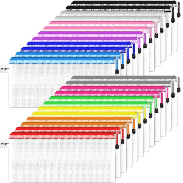 Smarpau Pencil Pouch Bulk, 24 Pack 12 Colors 9.3" x 4.7" Small Mesh Zipper Pouches Pencil Case, Multipurpose Waterproof Zipper Pencil Bags for Travel, Office Organization