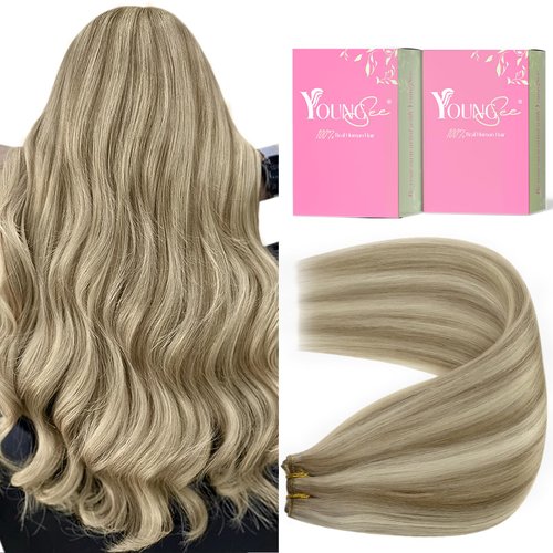 YoungSee Sew in Hair Extensions Real Human Hair Highlight Human Hair Weft Extensions Light Brown with Blonde Highlight Smooth Weft Hair Extensions Real Human Hair no Tangle 20Inch 100G