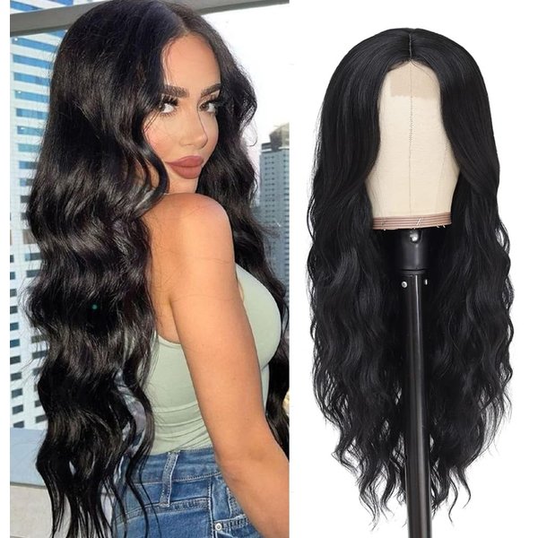 Long Wavy Black Wig for Women 26 inch Curly Natural Black Middle Part Wig Premium Protein Fiber Natural Looking Hair Replacement Wig for Daily Party Use Cosplay Costume Halloween Wig (26'' Black)