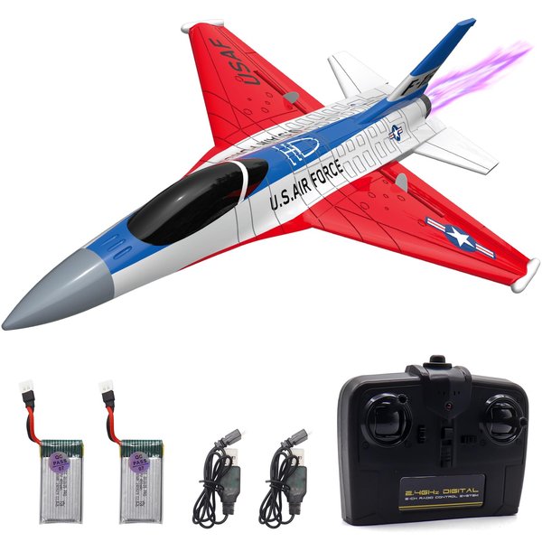 Dollox RC Airplane Toys F-16 Fighting Falcon 2.4Ghz 2CH Remote Control Plane Jet RC Fighter Airplanes Ready to Fly Beginner RC Plane with Lights RC Aircraft Toy Gifts for Boys Adults, 2 Batteries