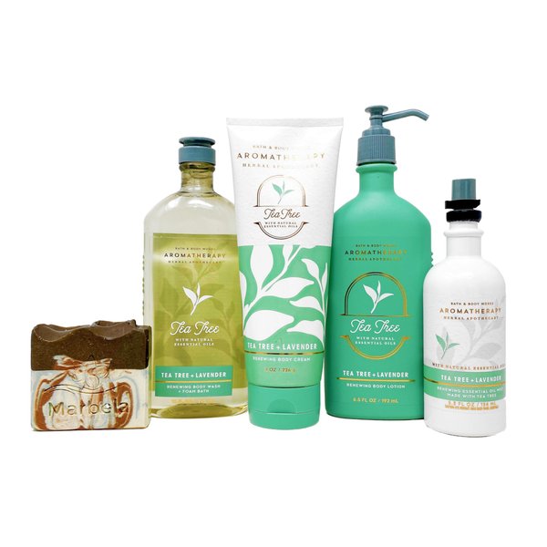 Bath & Body Works Tea Tree + Lavender - Deluxe Gift Set - Body Cream, Body Wash, Body Lotion and Essential Oil Pillow Mist with a Cabin Spice Soap.