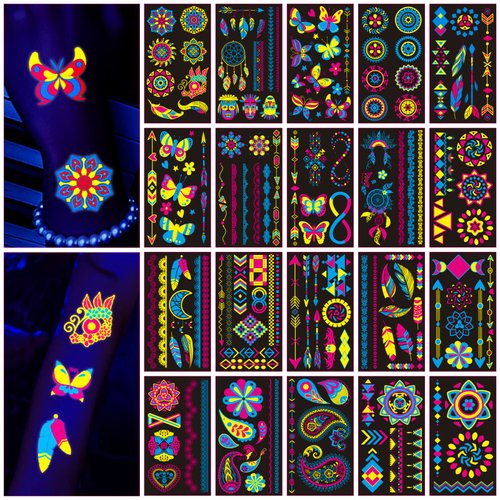160Pcs Glow in The Dark Temporary Tattoos- Neon UV Blacklight Reactive Light Face Flash Fake Tattoo Stickers,Festival Accessory Party Favors Supplies,Temp Great for EDM EDC Party Rave Parties 20 Sheet
