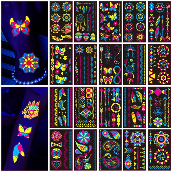 160Pcs Glow in The Dark Temporary Tattoos- Neon UV Blacklight Reactive Light Face Flash Fake Tattoo Stickers,Festival Accessory Party Favors Supplies,Temp Great for EDM EDC Party Rave Parties 20 Sheet