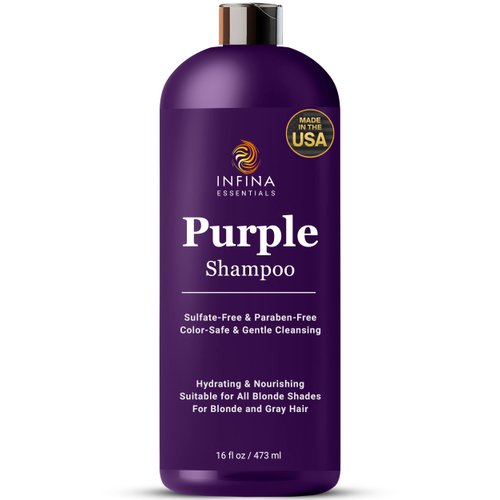 INFINA ESSENTIALS Purple Shampoo for Blondes, Gray, Brassy & Color Treated Hair, Sulfate Free, Enriched with Green Tea & Chamomile & Avocado Oil - Nourishing & Hydrating Blonde Shampoo - 16 fl oz