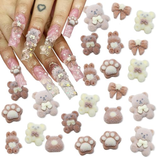 14Pcs Bear Nail Charms 3D Cute Nail Charms Coffee Color Nail Nail Rhinestone Nail Gems Shiny Crystal Rabbit Bow Designs Nails Jewelry for Nail Art Supplies for Women Girls Acrylic Nails Decorations
