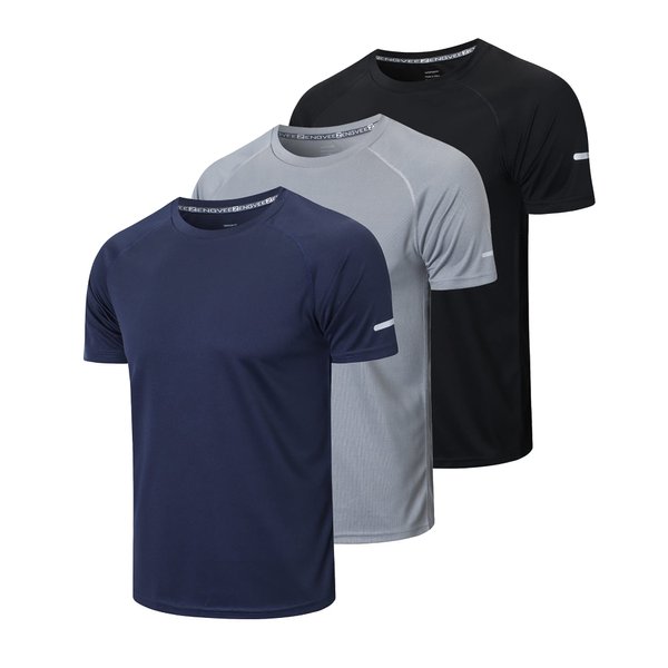 frueo Men's 3 Pack Sports Compression Shirts Dry Fit Moisture Wicking Short Sleeve Mesh Active Training T-Shirts,520,Black Gray Navy,L