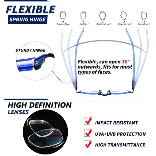 JJWELL 3 Pack Blue Light Blocking Reading Glasses for Women, Anti Eyestrain/Computer Glare UV 400 Filter Readers with Spring Hinge, Lightweight Rimless Tinted Metal Blue Rays Eyeglasses (1.50)