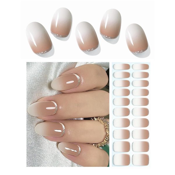 Wahrshei Semi Cured Gel Nail Strips, 20pcs Brown Gradient Glitter Gel Nail Stickers Work with UV, Easy to Use And Remove