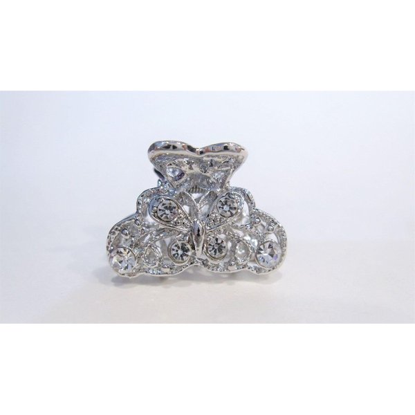 Small shiny silver metal butterfly hair claw clip with crystals