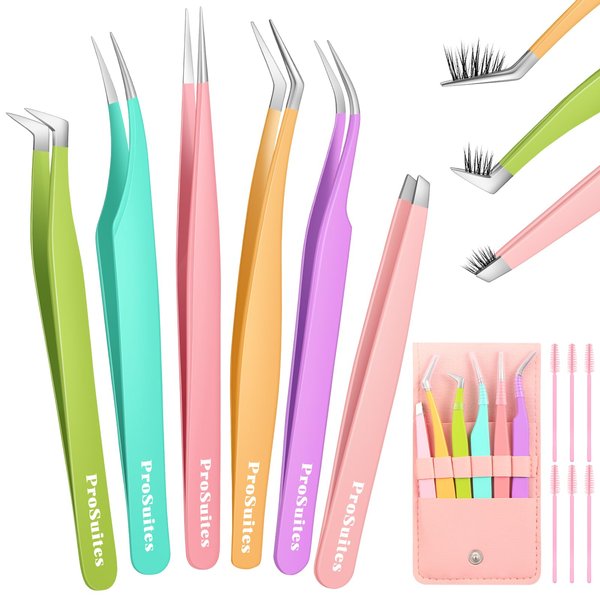 6pcs Eyelash Tweezers Lash Extension Tweezers for False Lashes,Eyelash Tweezers for Lash Clusters Metal Lashtweezers for Eyelash Extensions with 6 PCS Lash Applicator Tool