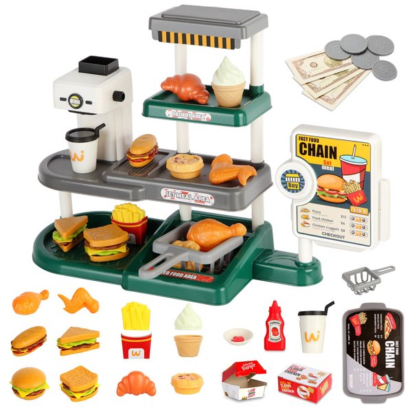 71pcs Pretend Play Fast Food Toys - Cash Registerfor Kids,Perfect Mini Toy Food Set for Kids Kitchen,Play Food for Kids Ages 3 4 5 6 7 8 Boys and Girls (Green)