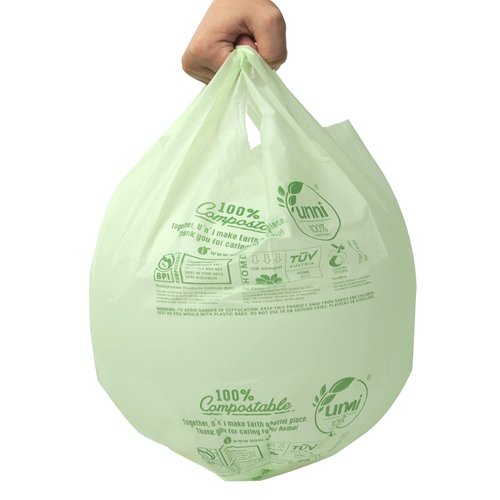 UNNI Compostable Bags with Handles, 8 Gallon, 30 Liter, 30 Count, 0.8 Mil, Kitchen Food Scrap Waste Bags, T-Shirt Bags, ASTM D6400, US BPI, CMA & OK Compost Home Certified, San Francisco