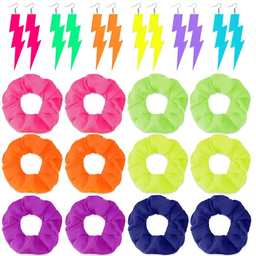 Vinsatin 12 Pack Neon Scrunchies for Hair 80s 6 Pairs 80s 90s Neon Earrings for Women Hair Scrunchies for Women's Hair Elastic Hair Bands Neon Earring Dangle Neon Hair Accessories for Women Girl Party