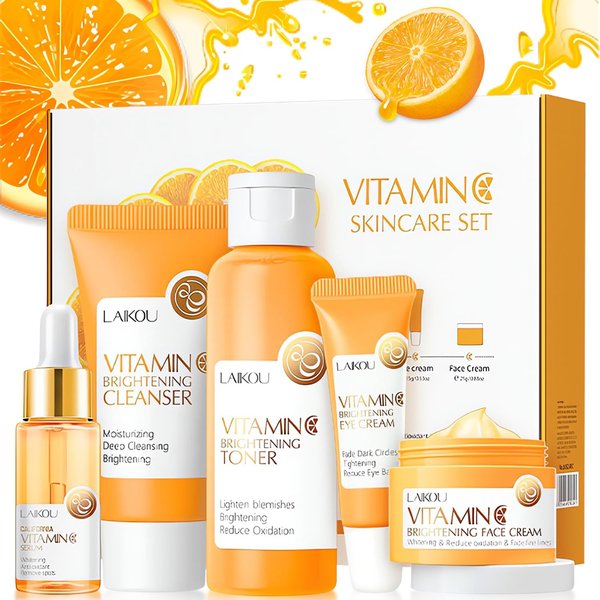 Vitamin C Skincare Gift Set for Teenage Girls,Vitamin C Skin Care Set, 5-In-1 Skin Cleaning & Care Travel Size Kit With Cleanser, Toner, Face Serum,Eye Cream,Face Cream Face Skin Care Kit (Vitamin C)