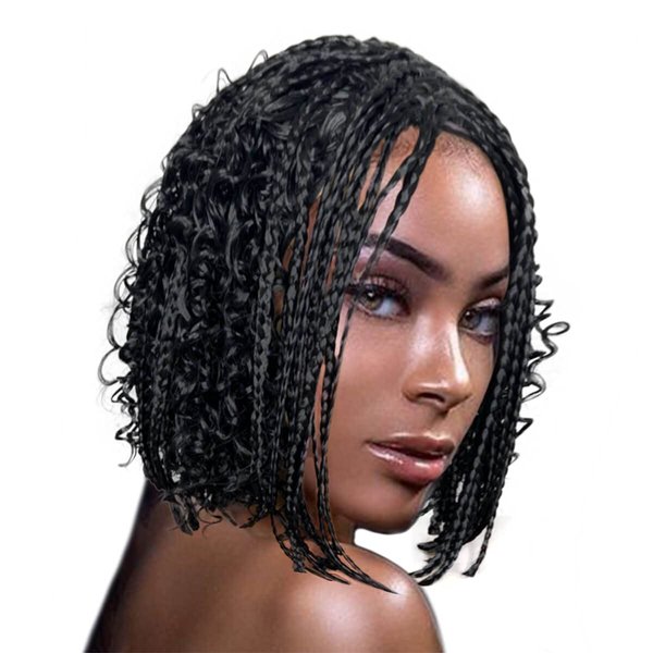 VAVANGA Short Box Braided Bob Wig for Black Women, 14 Inch Curly Goddess Box Braids Wigs Synthetic Box Braiding Hair Black Boho Braid Wigs for Women(#1B, 14")
