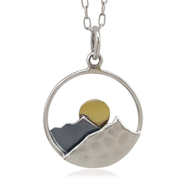 Sterling Silver and Bronze Mountain Range with Sun Charm Necklace, 18"