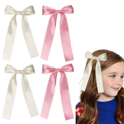 4 Pack Hair Bows for Girls, Hair Clips Hair Ribbons for Women, Satin Bow Hair Clips for Toddlers(Beige, Pink)