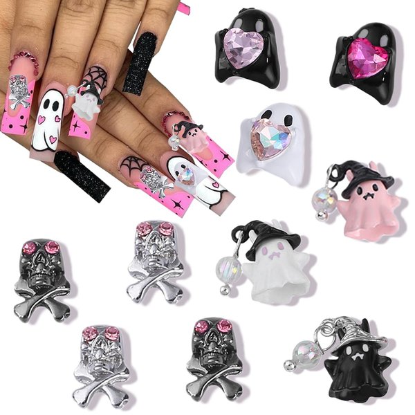10Pcs Halloween Nail Charms Metal Skull Ghost with Heart Nail Gems Design Funny Halloween Nail Rhinestones for Acrylic Nails Cute Ghost Nail Jewelry for Women Girls DIY Halloween Nail Accessories