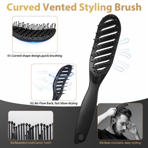 Hair Brush for Men, DUAIU 7Pcs Combs for Men, Hair Styling Comb Set with Vent Hair Brush, Quiff Round Hair Brush, Wide Tooth Comb, Texture Comb for Blow Drying, Detangling, Grooming, Hairdressing