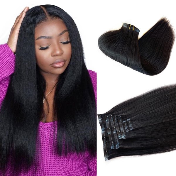 Clip in Hair Extensions Real Human Hair, Seamless Yaki Straight Clip in Hair Extensions Human Hair 7pcs 100G 14 Inch Jet Black Hair Extensions Real Human Hair Clip in Remy Human Hair Extensions