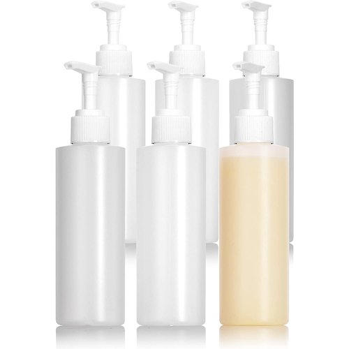 JUVITUS 4 oz Clear Natural Refillable Plastic Squeeze Bottle with White Lotion Pump Dispenser (6 Pack)