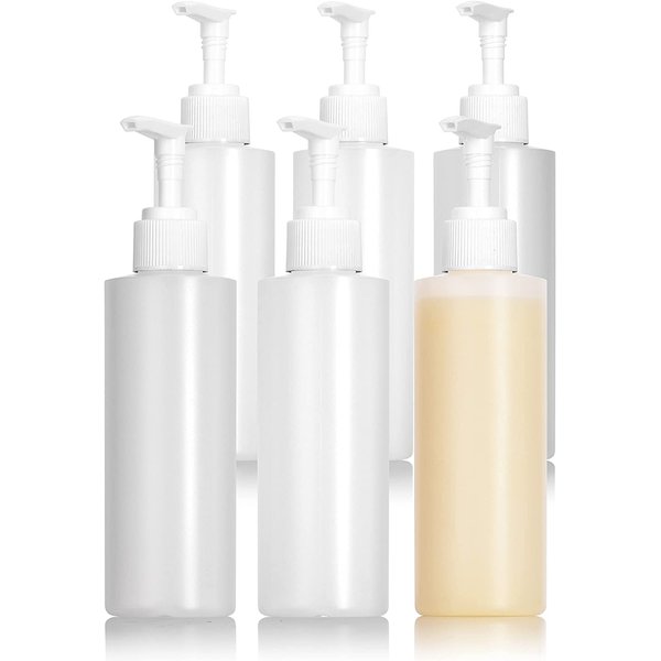 JUVITUS 4 oz Clear Natural Refillable Plastic Squeeze Bottle with White Lotion Pump Dispenser (6 Pack)