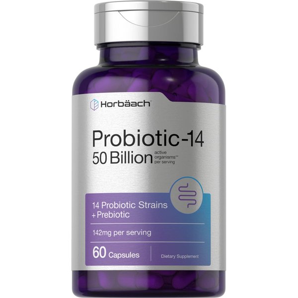 Horbäach Probiotics with Prebiotics | 60 Capsules | 50 Billion Active Organisms | Non-GMO & Gluten Free Supplement