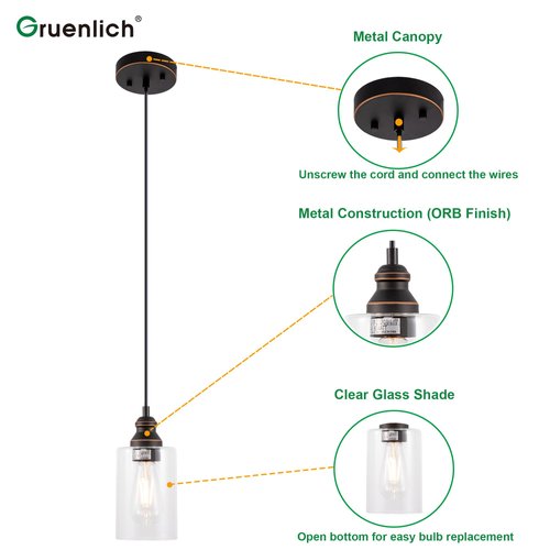 Gruenlich Pendant Light, Hanging Ceiling Light Fixture for Kitchen and Dining Room, E26 Medium Base, Metal Construction with Clear Glass, Bulb not Included, 1-Pack Bronze