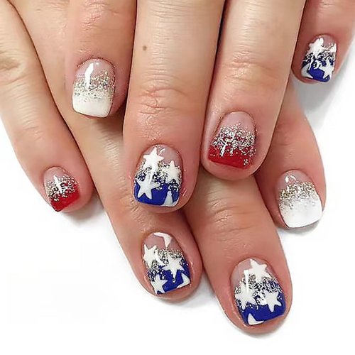 24Pcs French Tip Press on Nails 4th of July Fake Nails American Flags Star Full Cover Stick on Nails Glitter Nail Patriotic Independence Day Designs Short Square False Nails for Women Acrylic Nails