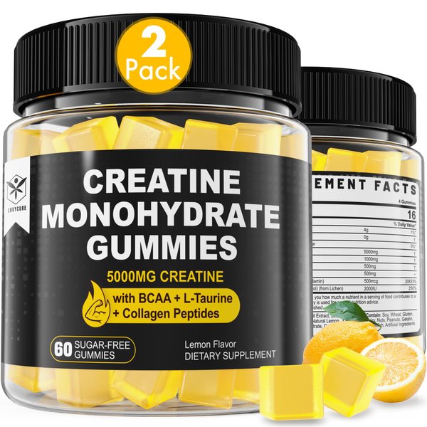 Creatine Monohydrate Gummies 5g for Men & Women, 7000mg with BCAA, Collagen Peptides, L-Taurine, Vitamin B12, D3, Chewables Creatine for Muscle, Delicious Natural Lemon Flavor, Sugar Free, 2 Pack