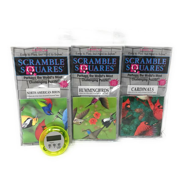 Bundle of Scramble Squares B Dazzle Birds Puzzles for Adults/Teens/Kids - 3 Puzzles Included - North American Birds, Hummingbirds and Cardinals with Exclusive Digital Timer