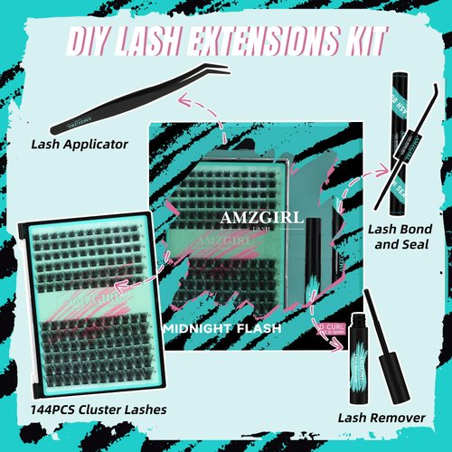 AMZGIRL LASH Midnight DIY Lash Extension Kit, 144 pcs Eyelash Clusters Kit Lash Bond and Seal, Lash Glue Remover and Applicator for Individual False Eyelashes Kit Lash Extensions(D-Mix 8-16mm Kit)