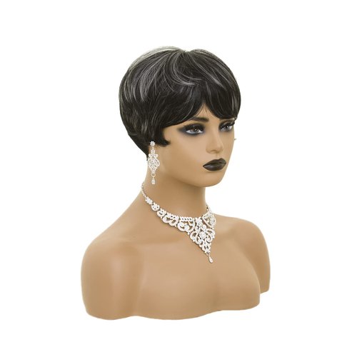 BOBCOO Pixie Cut Wig Short Wigs for Black Women Pixie Black Mixed With Grey Short cut Wigs Pixie Cut Wig for Black Women