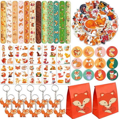 YYMYMGJ Fox Party Favors 110 PCS Fox Theme Slap Bracelets Sticker Key Chains Badge Temporary Tattoos Gift Bags for Kids Woodland Creatures Fox Birthday Party Baby Shower Jungle Safari Party Supplies