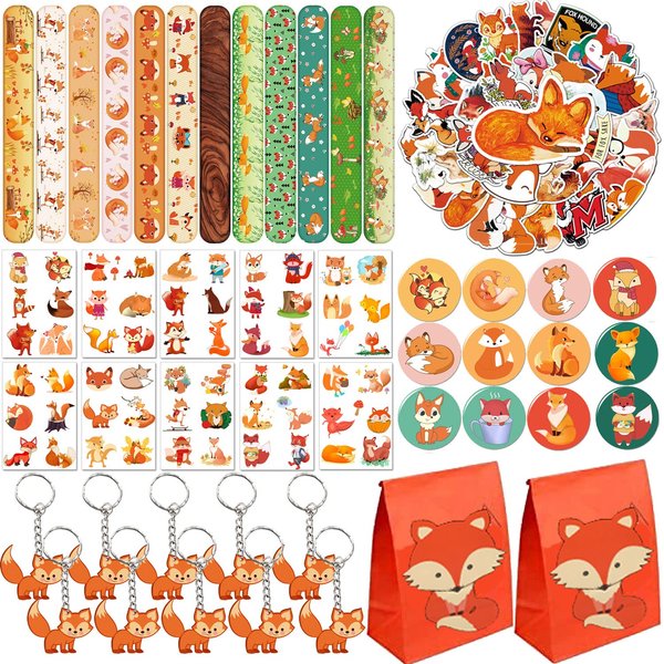 YYMYMGJ Fox Party Favors 110 PCS Fox Theme Slap Bracelets Sticker Key Chains Badge Temporary Tattoos Gift Bags for Kids Woodland Creatures Fox Birthday Party Baby Shower Jungle Safari Party Supplies