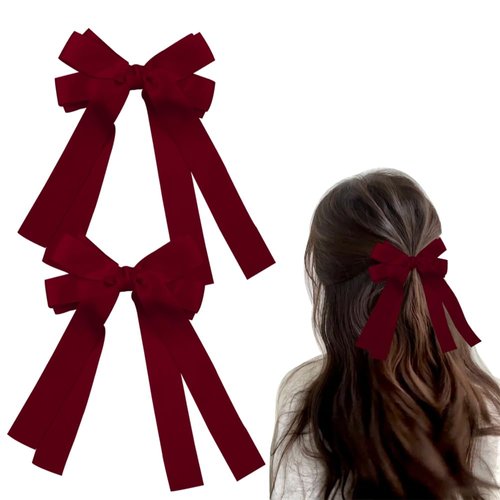 Red Hair Ribbons Bows Clips for Women Bow Barrettes for Girls Red Ribbon Hair Accessories Double Layer Long Tail Bows Hair Clips Womens Hair Pins Decorative Hair Bow Clips for Women Bulk 2pcs