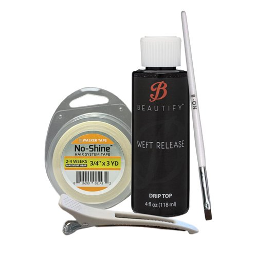 4oz Drip Top Weft Release w/No-Shine Bonding Roll 3/4" X 3 YDS Adhesive Tape, White Brush & Hair Clip Bundle Pack | Wig Glue Tape Adhesive Extensions Tape | Bold Hold Adhesive Remover