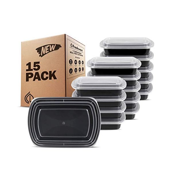Freshware Meal Prep Containers 15 Count (Pack of 1) Compartment Food Storage Containers with Lids, Bento Box, BPA Free, Stackable, Microwave/Dishwasher/Freezer Safe (28 oz) (Color May Vary)