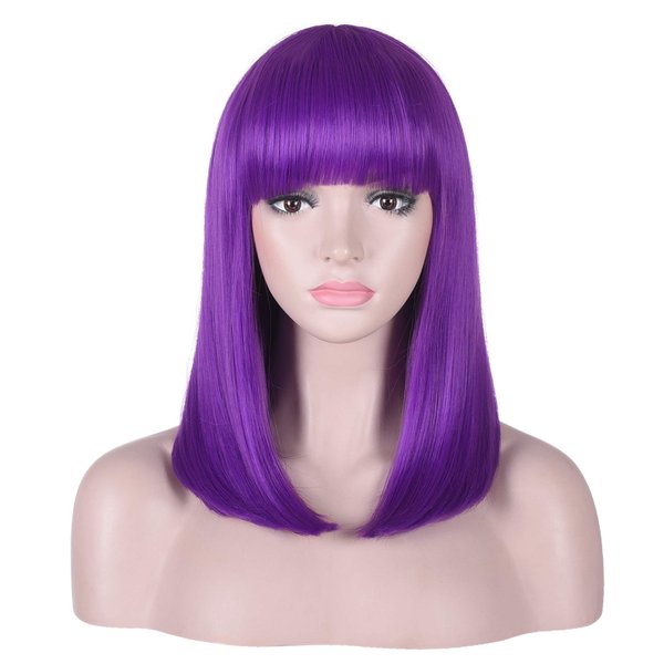AMZCOS 15 Inch Short Straight Purple Bob Wig with Bangs | Natural Heat Resistant Synthetic Hair for Women Costume Wigs