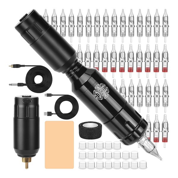 ATOMUS Wireless Tattoo Machine Kit Rotary Tattoo Machine Kit with Cordless Tattoo Power Supply 40pcs Cartridge Needles Practice Skin Ink Cups (Black RCA Machine + Wireless RCA Power Supply)
