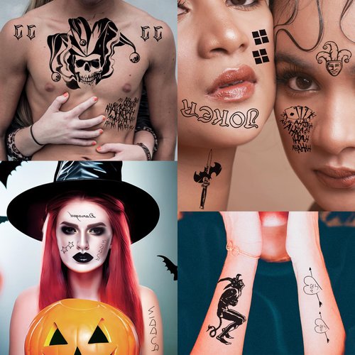 Halloween Temporary Tattoos, 4 Sheets Joker Tattoos Fake Temporary Tattoos Sticker for Men & Women, Perfect for Halloween, Cosplay, Costumes and Party Accessories