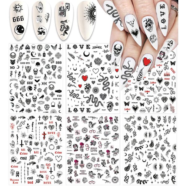 Snake Nail Art Stickers Decals Nail Art Supplies 3D Self Adhesive Nail Stickers Dark Skull Heart Cupid Angel Lips Ghost Nail Decals for Acrylic Nails Designs Manicure Tips Decoration (6 Sheets)