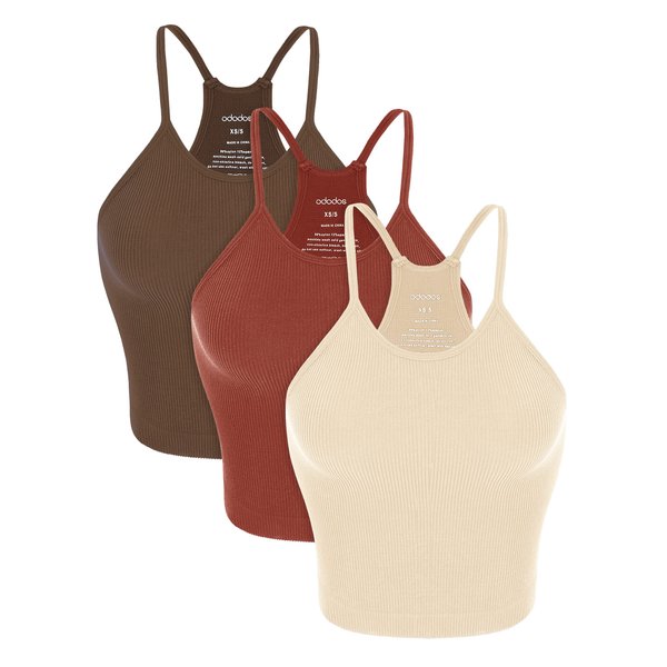 ODODOS Women's 3-Pack Seamless Cami Tops Ribbed Camisole Tank Top, Oatmeal BarnRed Brunette, X-Small/Small