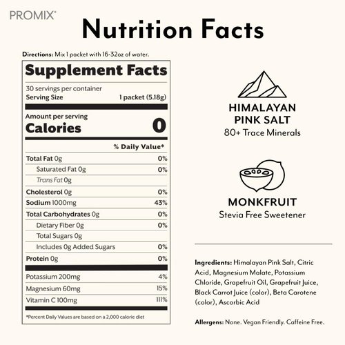 ProMix Nutrition Electrolytes Powder Hydration Packets | Himalayan Pink Salt, Magnesium, Potassium, Vitamin C | Sugar Free - 30 Count