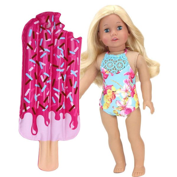 Sophia's 18" Doll Aqua Floral Print Lace Trim Bathing Suit and Inflatable Hot Pink Popsicle Pool Float