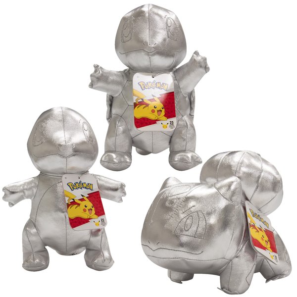 Pokemon 25th Celebration 8" Silver Starter Plushes, 3-Pack Toys - Charmander, Squirtle & Bulbasaur G1 Starters - Set of 3 - Limited Edition Collectible Stuffed Animals - Gift for Kids