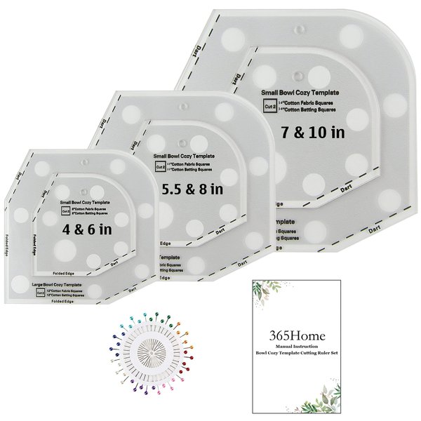365Home Bowl Cozy Template 3 Sizes, Bowl Cozy Pattern Template Cutting Ruler Set with 40 Pcs of Sewing Pin and Manual Instruction