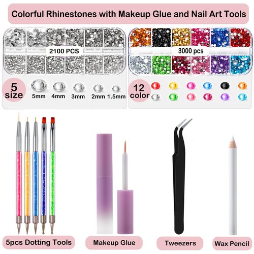 5100Pcs Face Gems Face Jewels with Makeup Glue, FITTDYHE Multi-Color Flatback Rhinestone with Nail Art Tools Dotting Tools, Rhinestone Gems for Makeup Nail Art Body Hair Crafts Decoration